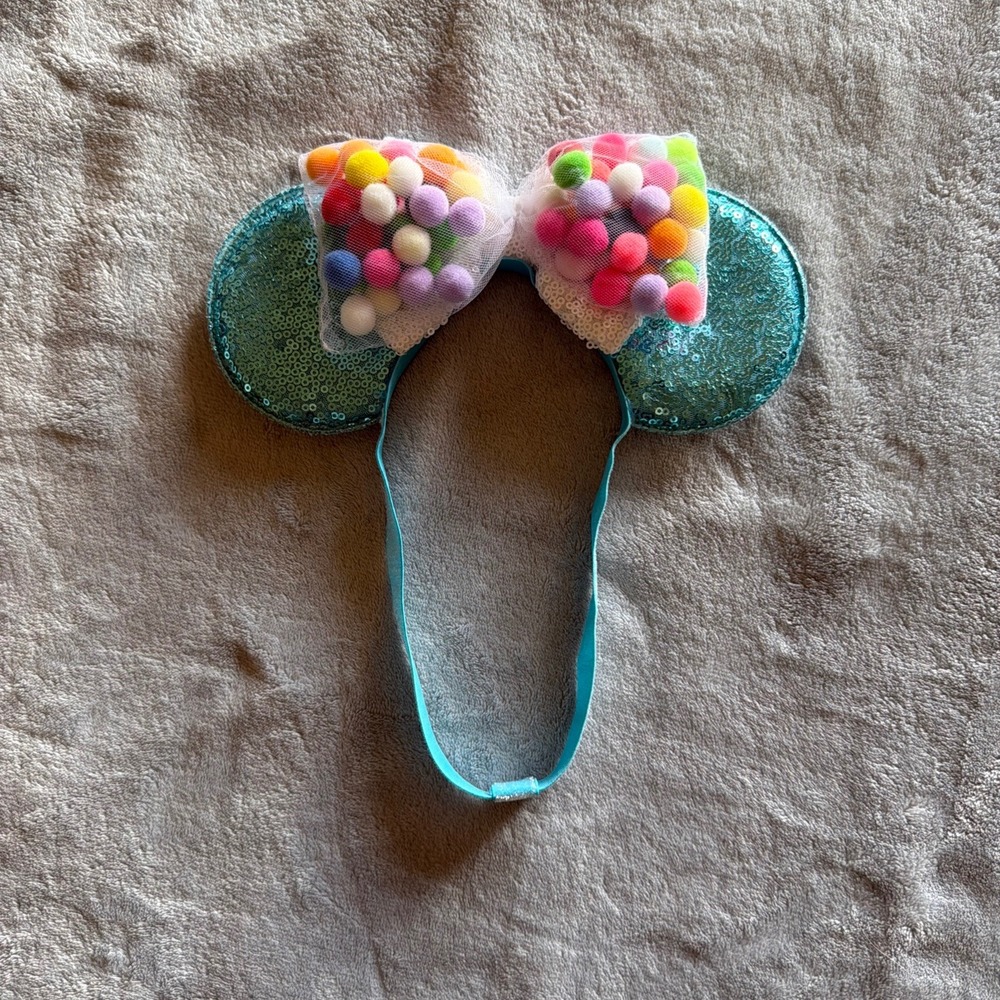 Up Inspired Mickey Mouse Ears Teal Sequin Colorful Pom Pom Bow Headband - I245